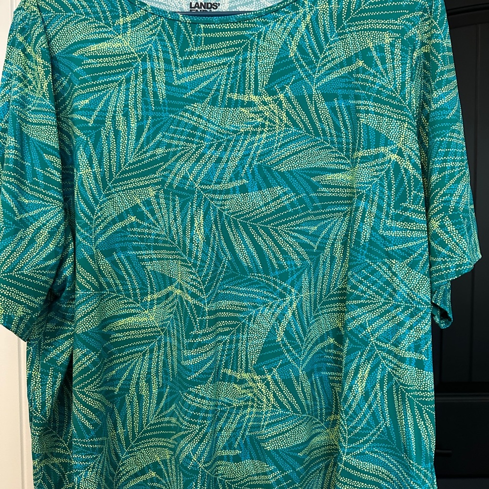 Lands' End Teal Palm Print Short Sleeve Swim Shirt